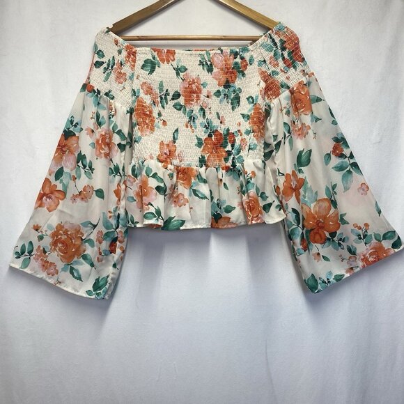 Mimi Chica Floral Off Shoulder Bell Long Sleeve Smocked Top Women Medium Cream - Picture 9 of 12